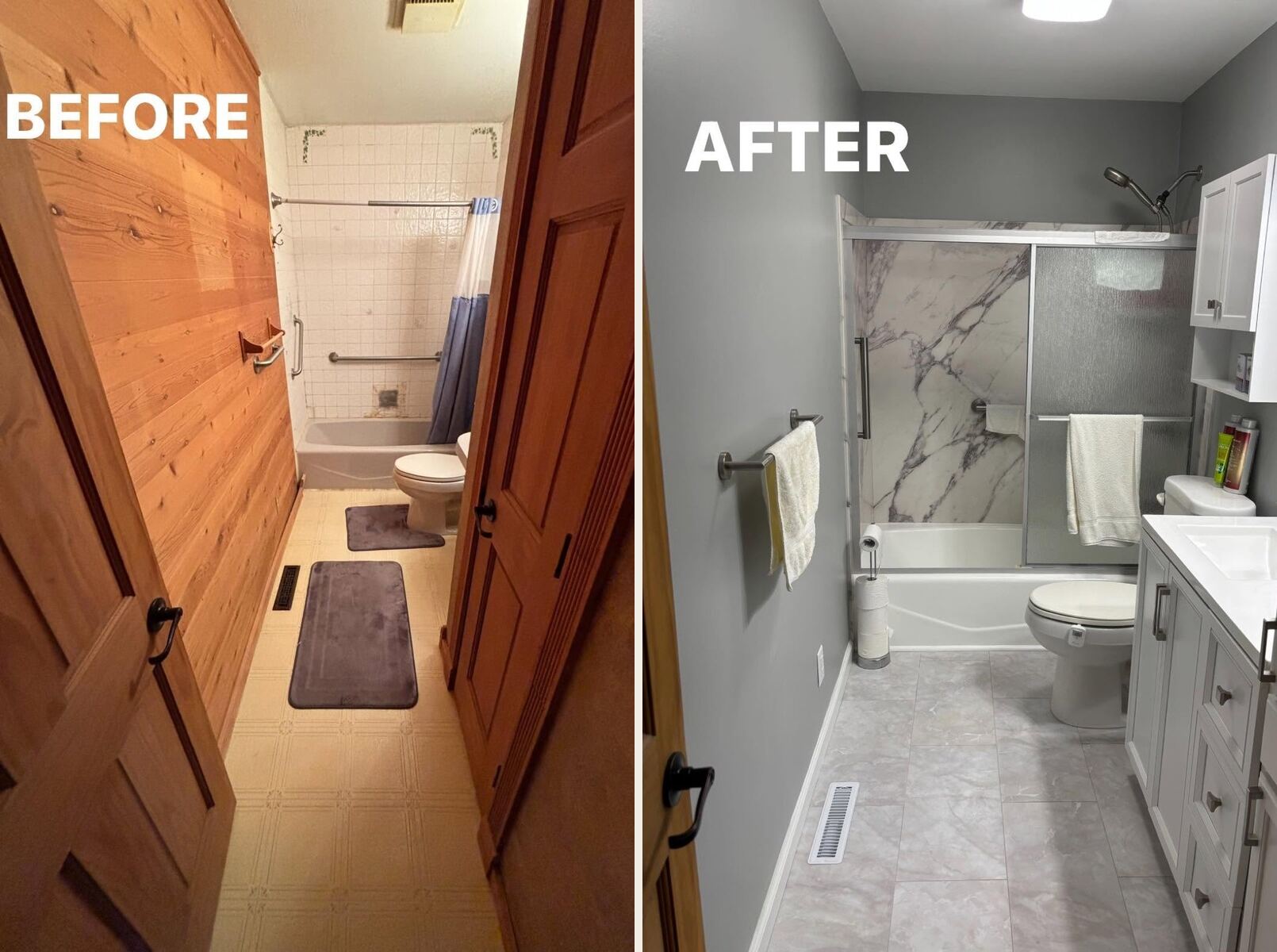Bathroom remodel, before and after — new tile shower, vanity, and flooring