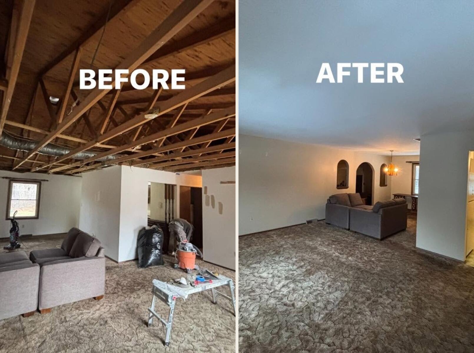 Living room remodel, before and after — gutted ceiling to finished, freshly painted room